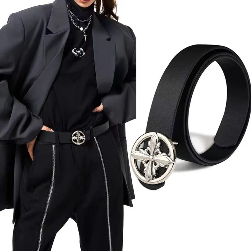 Vintage black belt with metal buckle, suitable for both men and women, simple, decorative, fashionable