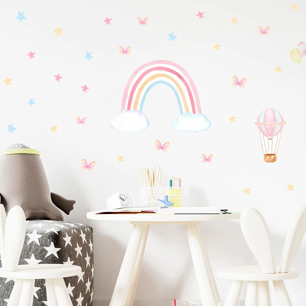 Cartoon Watercolor Rainbow Wall Stickers for Kids Bedroom Nursery Balloon Butterfly Decal Wall Art Wallpaper Home Decoration
