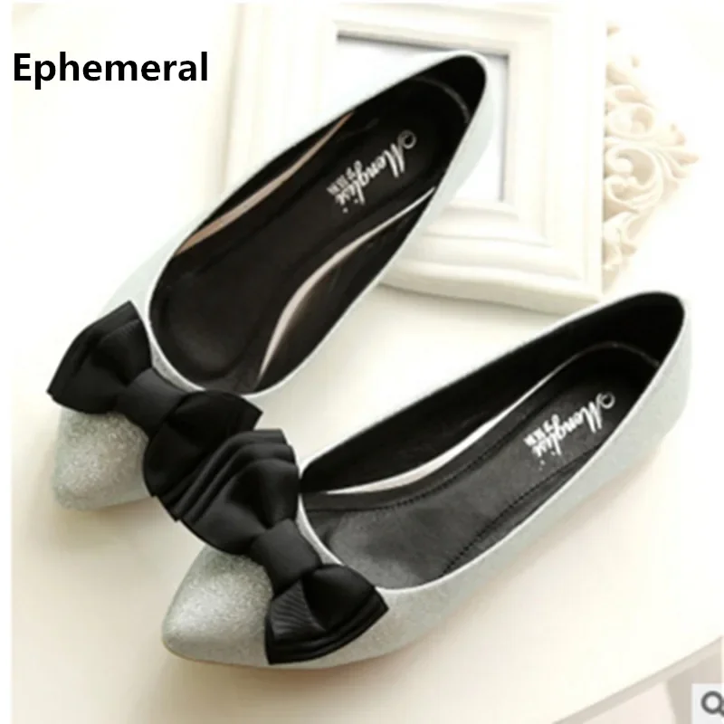 Lady Lovely Casual Slip On Flats Spring Loafers Flock Fashion Pointed Toe With Bow Purple Black Plus Size 48 42 Woman Bag Shoes