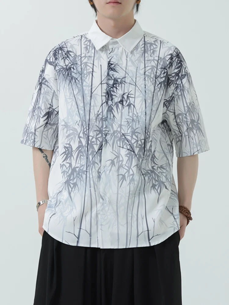 

Ice Silk ort Sve irt Men's New Chinese Sle Retro Print Tang Costume Improved Hanfu Dao Pao Thin Youth Summer Faion