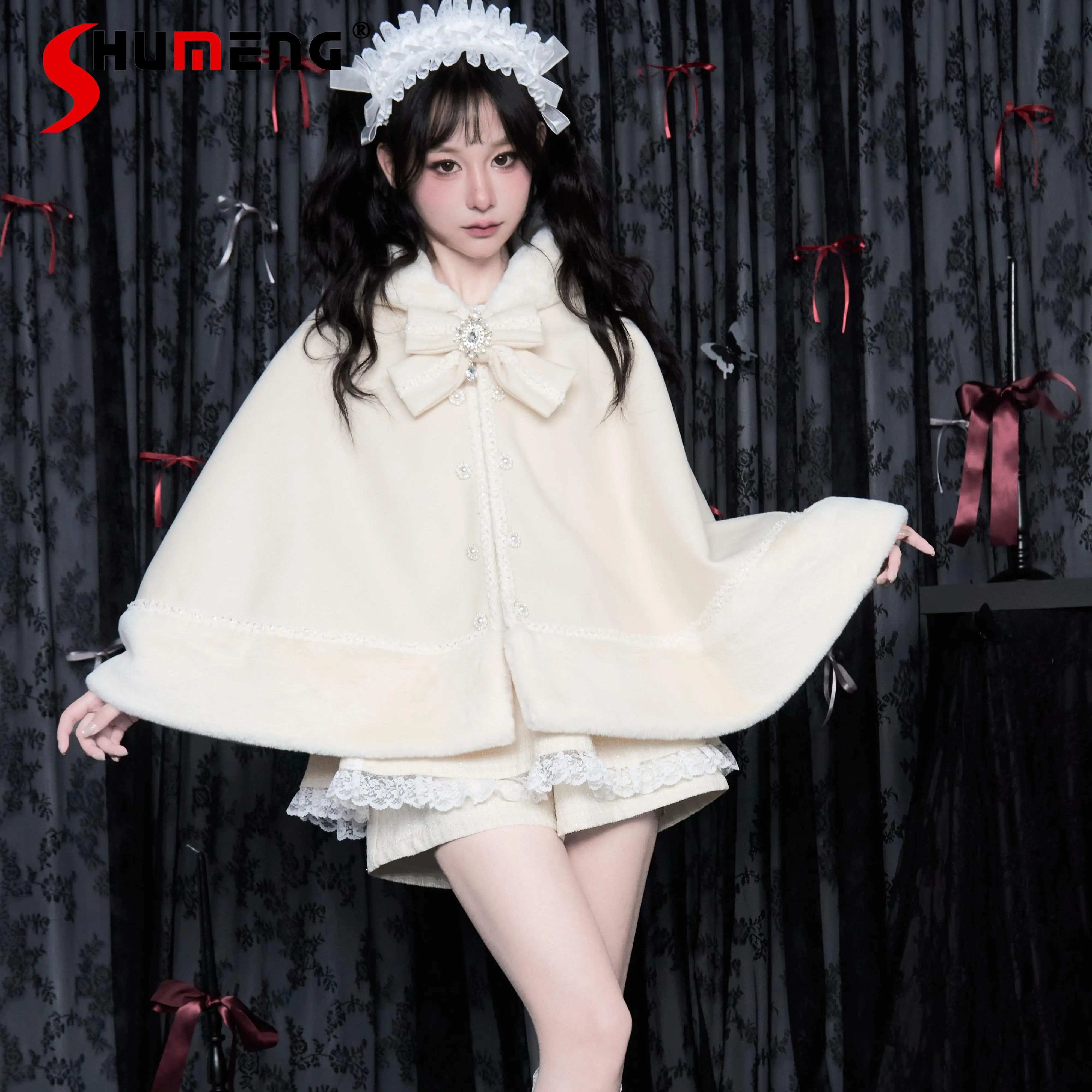 Japanese Mine Series Mass-produced Subculture White Lolita Capes Female Bow Cute Sweet Girls Hooded Cloak Ladies Ponchos Women