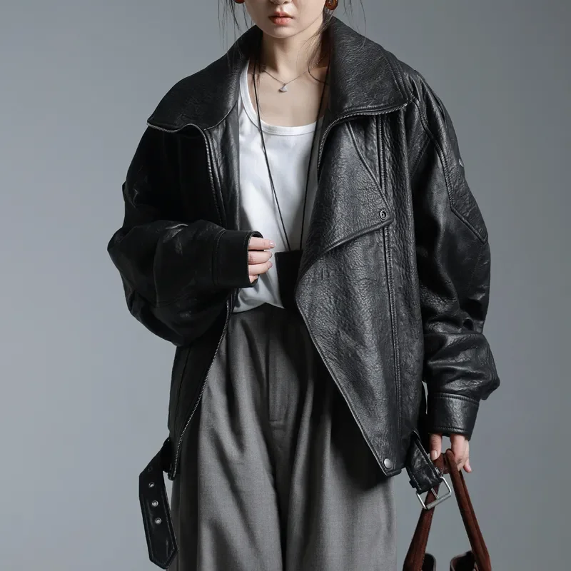 Womens Y2k Jacket 2024 Autumn New Fashion Street Loose Casual Retro Heavy Double-Layer Collar Profile Jacket Leather Coat Female