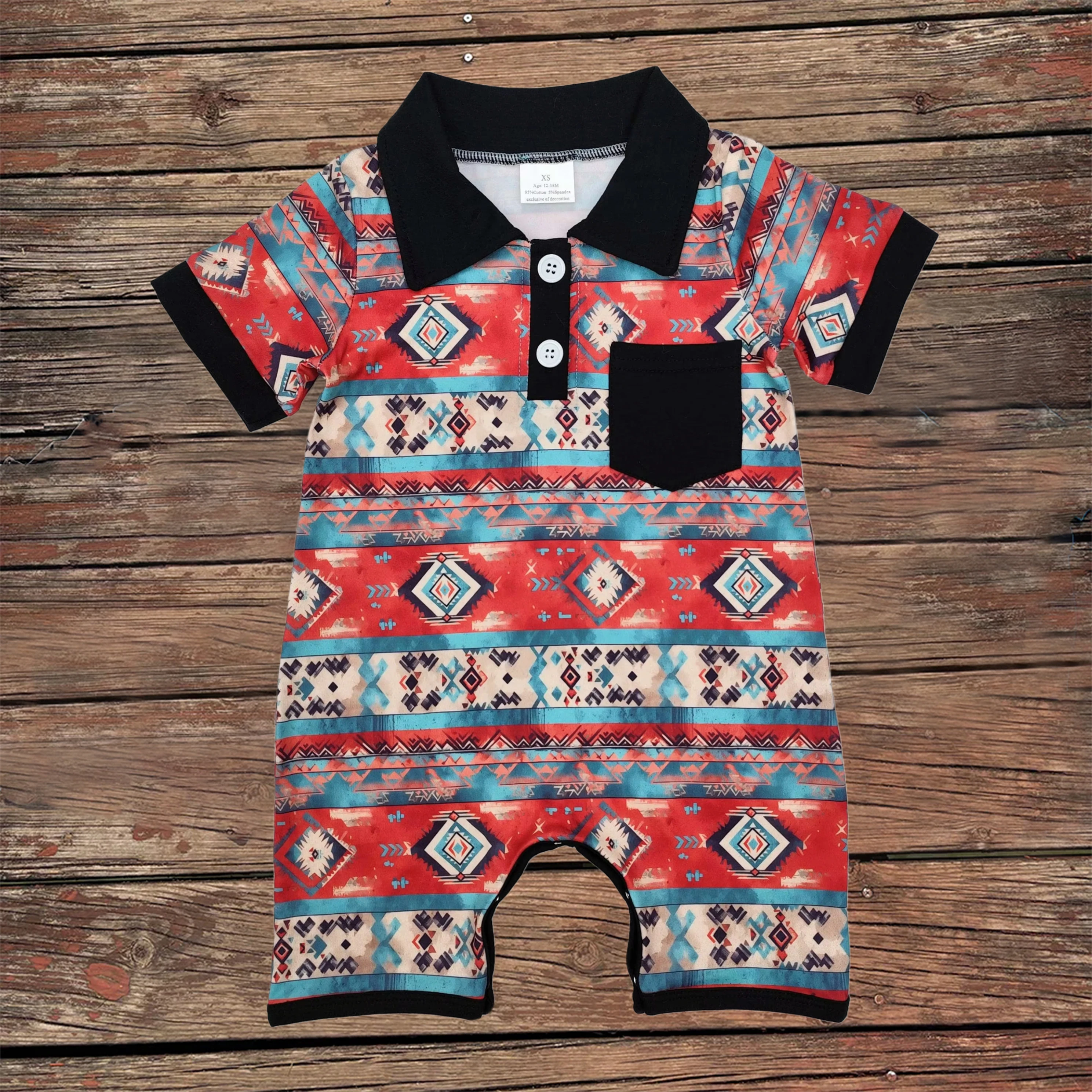 Wholesale Newborn Western Aztec Baby Infant Boys Romper Summer Kids Children Black Pocket Bubble Toddler One-piece Polo Clothes