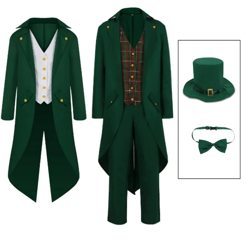 

Men's Green Retro Tailcoat Tuxedo Gothic Medieval Adult Renaissance Steampunk Tailcoat Halloween Costumes Coat Tuxedos Hat Bow