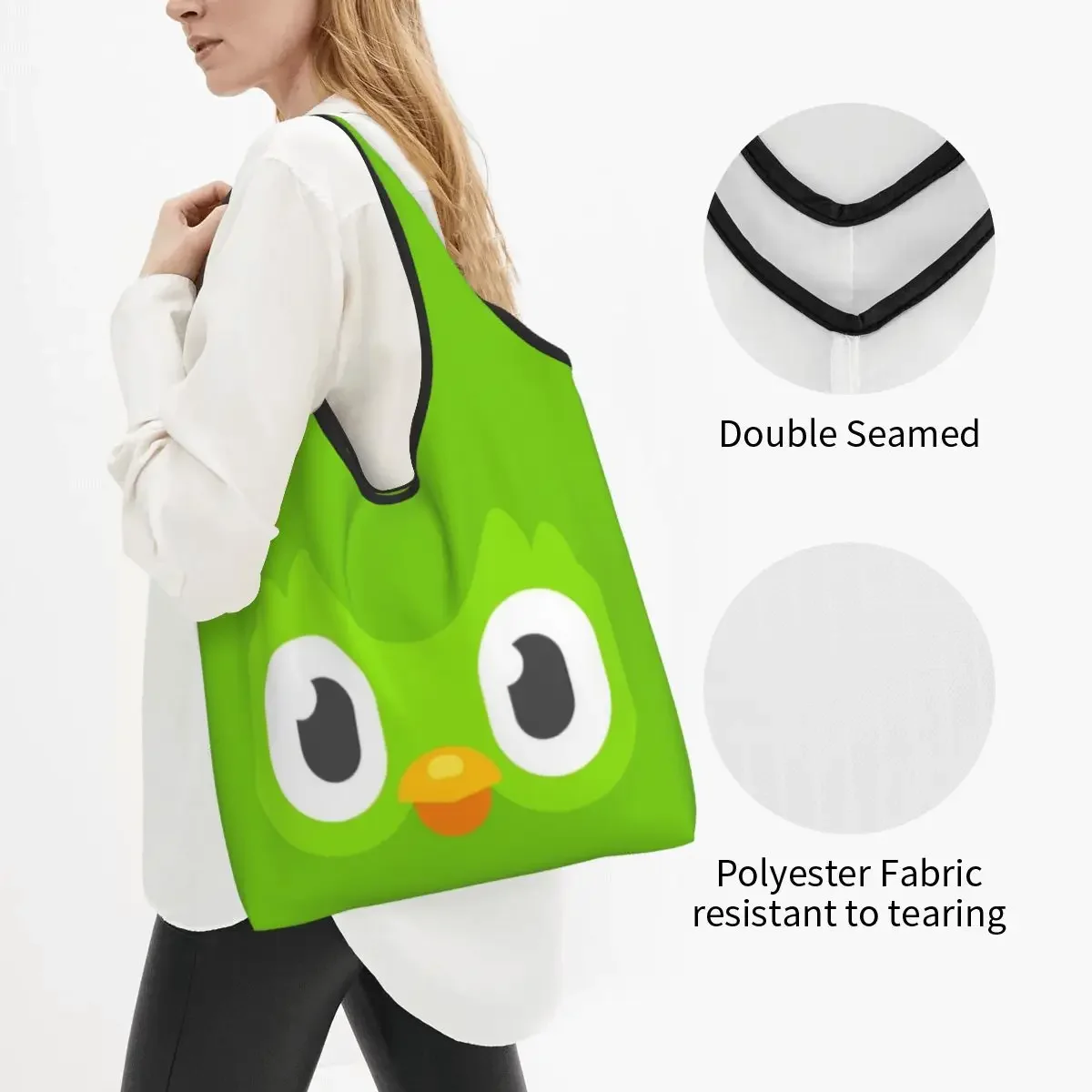 Bolsas de compras reutilizables Duolingo Face, plegables, 50LB, capacidad de peso, bolsa ecológica de dibujos animados, ecológica y duradera