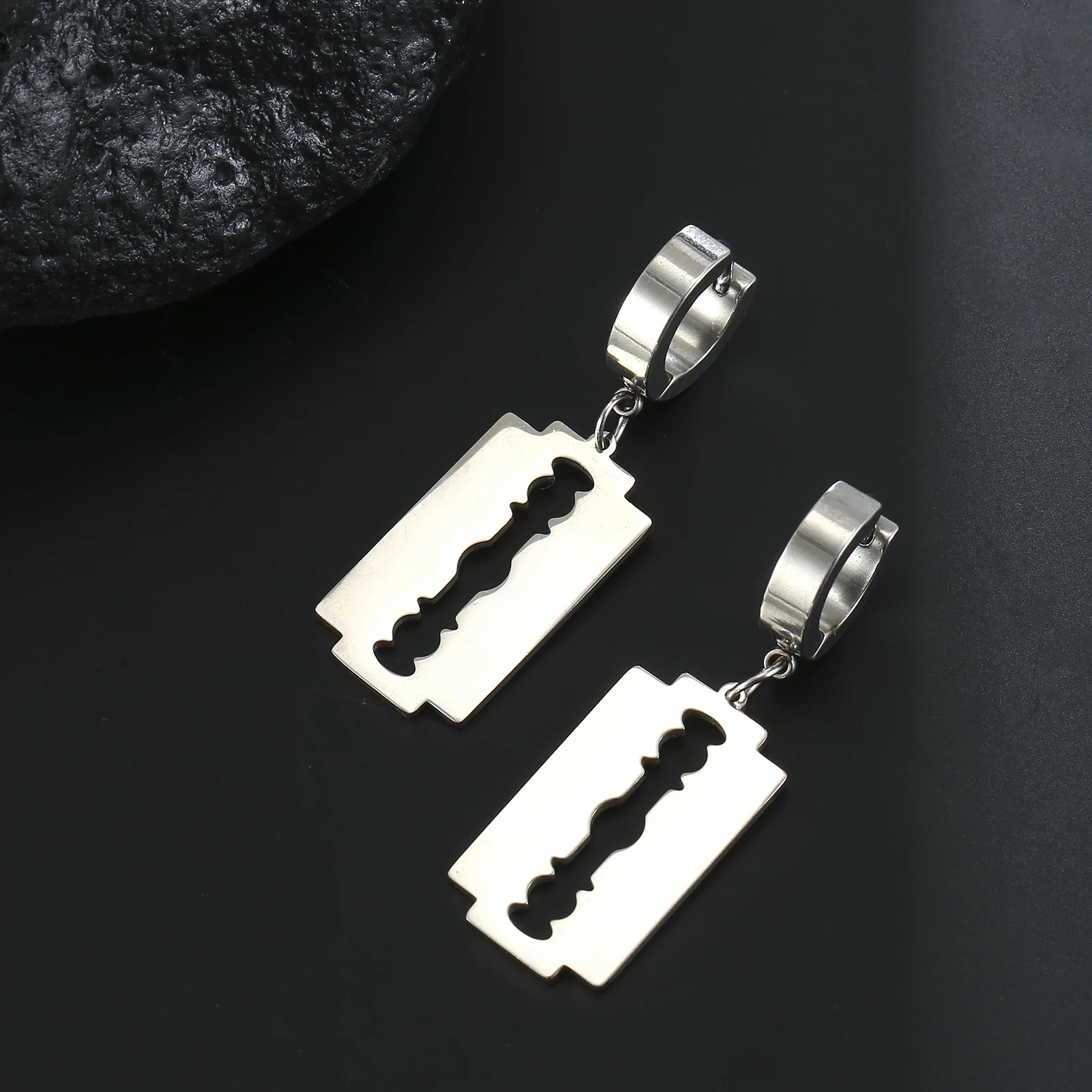 My Shape Punk Blade Razor Hoop Earrings for Men  Women Stainless Steel Circle Drop Earring Ear Clip Fashion Party Jewelry