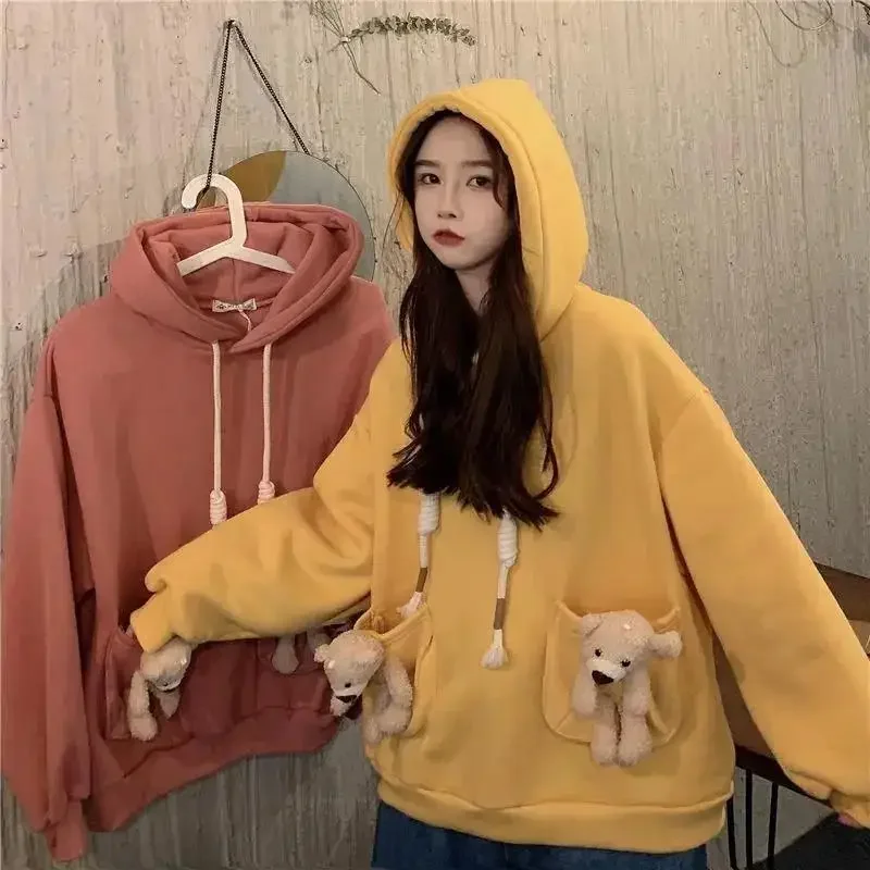 Streetwear felpe con cappuccio donna felpa autunno felpe con cappuccio manica lunga Harajuku felpa con cappuccio Cute Pocket bear felpa donna Sudadera Mujer