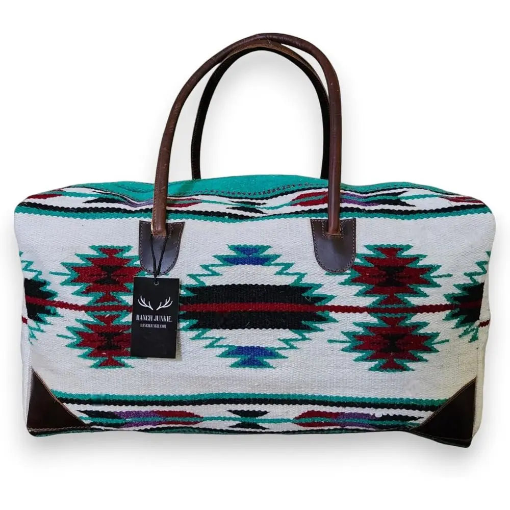 

Large Southwestern Aztec Weekender Bag with Handwoven Leather Handles