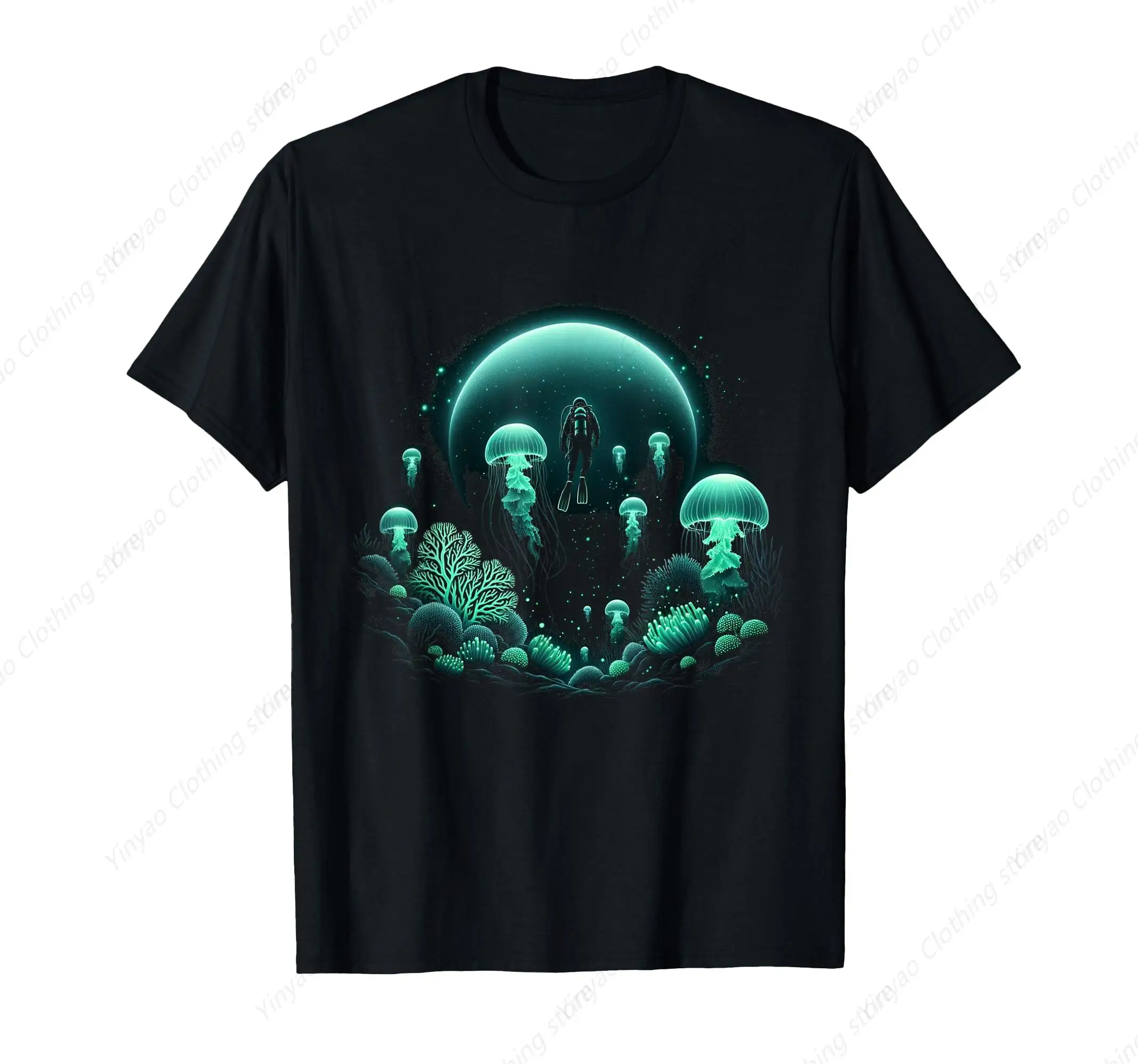 Scuba Diver and Jellyfish Ocean Diving Journey Printed Pattern Men's T shirts Scuba Diving T-shirt Cotton Shirt