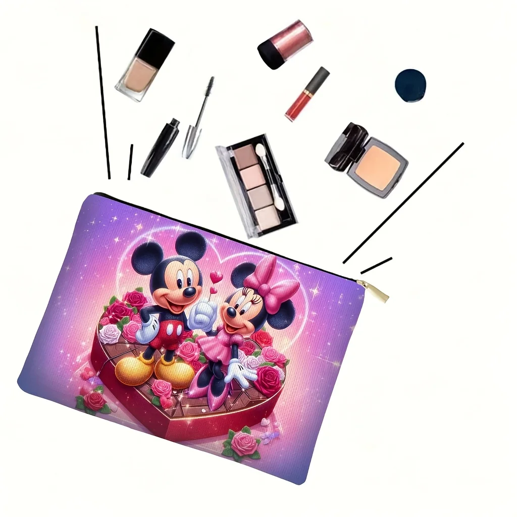 ディズニー ミッキーとミニー ピンクとゴールドのハート型プリント化粧品バッグ、ジュエリー収納バッグ、完璧な旅行用ジッパー収納バッグ - 楽しい誕生日プレゼント 1個