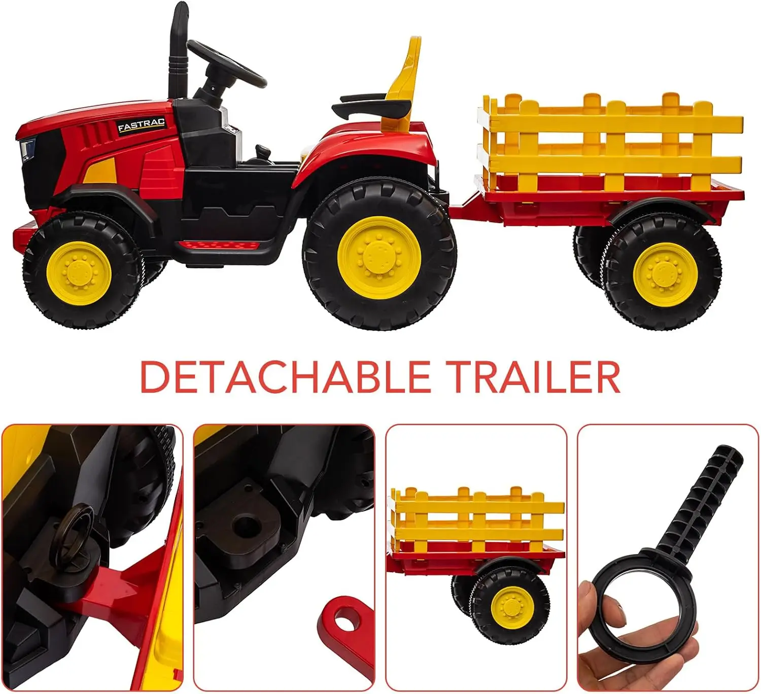 Jouets de tracteur pour enfants, avec télécommande, double moteur 35W, remorque détachable, ceinture de sécurité musicale Bluetooth et 7 lumières LED
