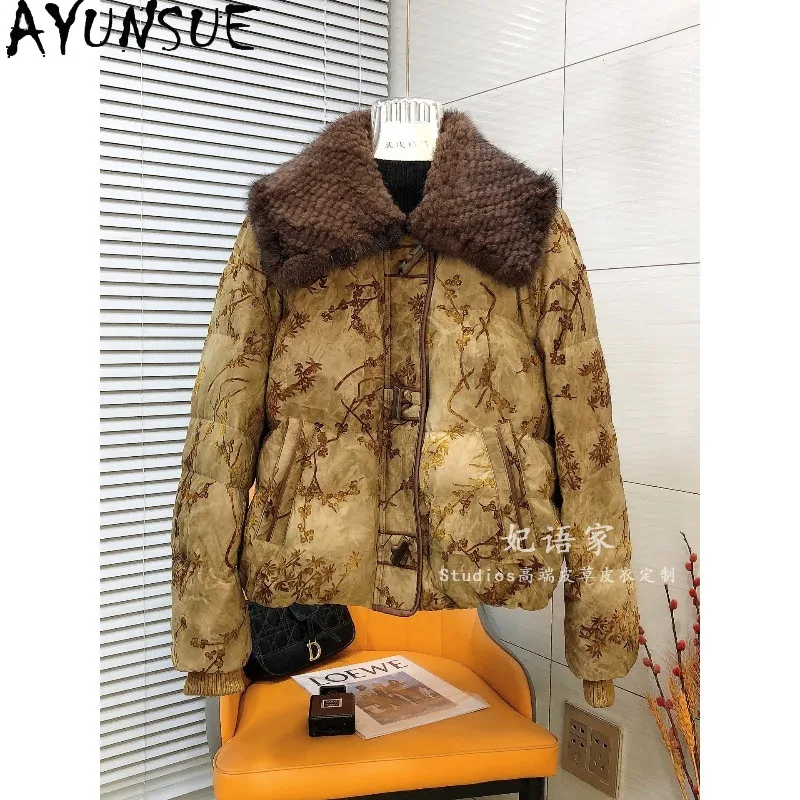 AYUNSUE Down Coat Woman Double-sided Knitted Mink Fur Collar Women Winter Coat Short Warm Goose Down Jacket Woman Clothes
