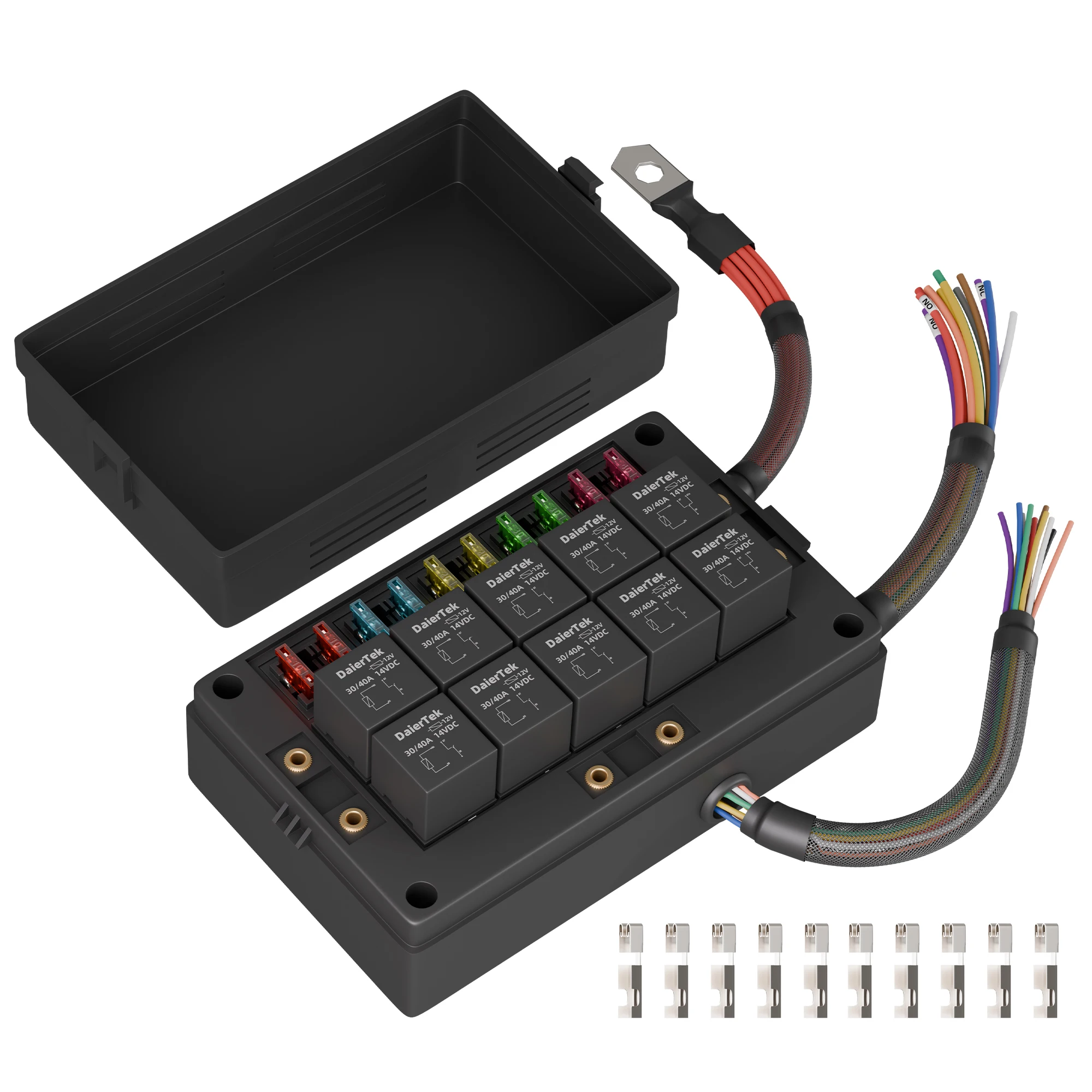 Relay Box 12V 10 Way Relay Block and 10 Way ATC/ATO Blade Fuse Panel Pre-Wired Dustproof Fuse Relay Box for Automotive Car