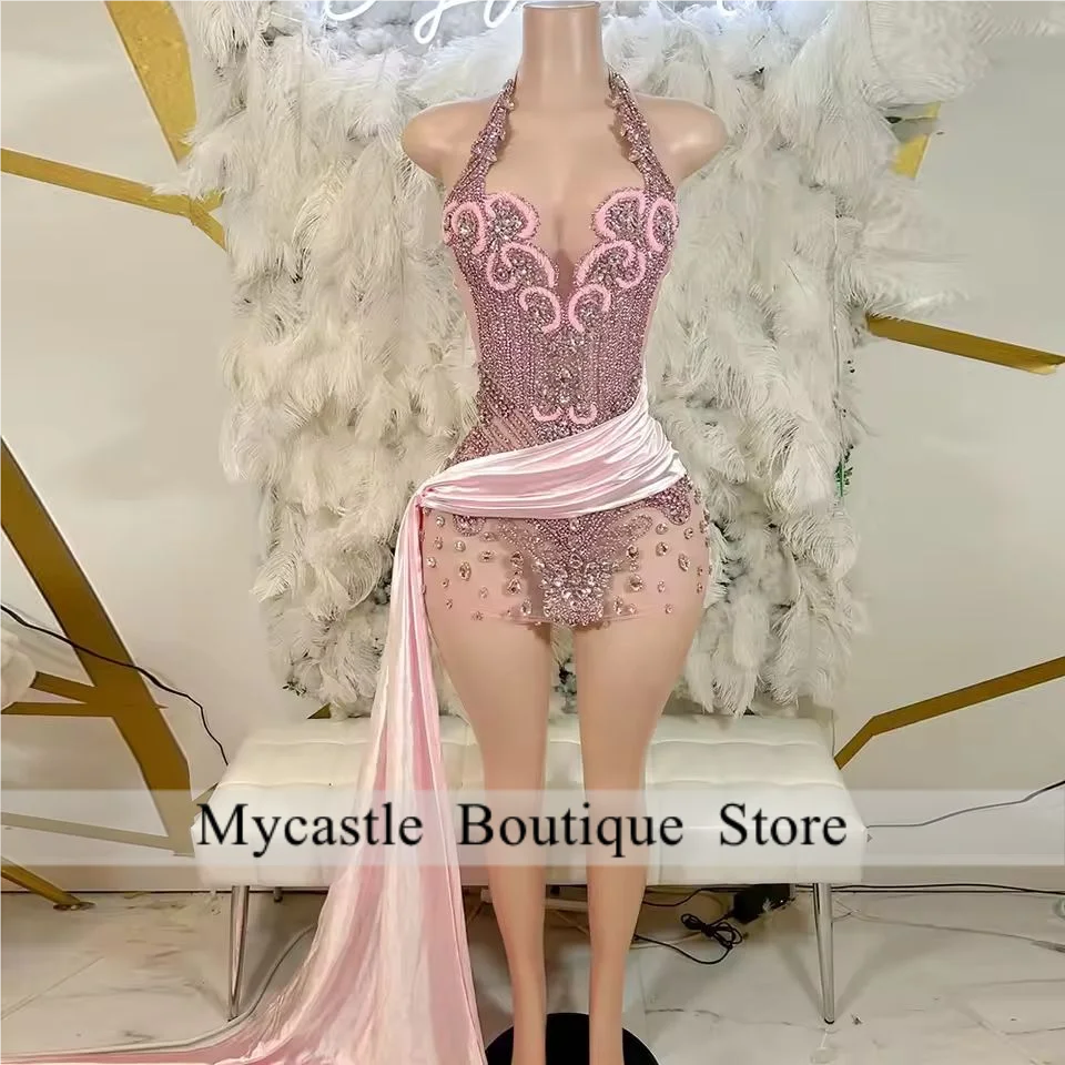 فستان حفلة موسيقية قصير مرصع بالألماس الأحمر اللامع للفتيات السود فساتين حفلات أعياد الميلاد كريستال مطرز مع فستان كوكتيل ذيل مخصص #3