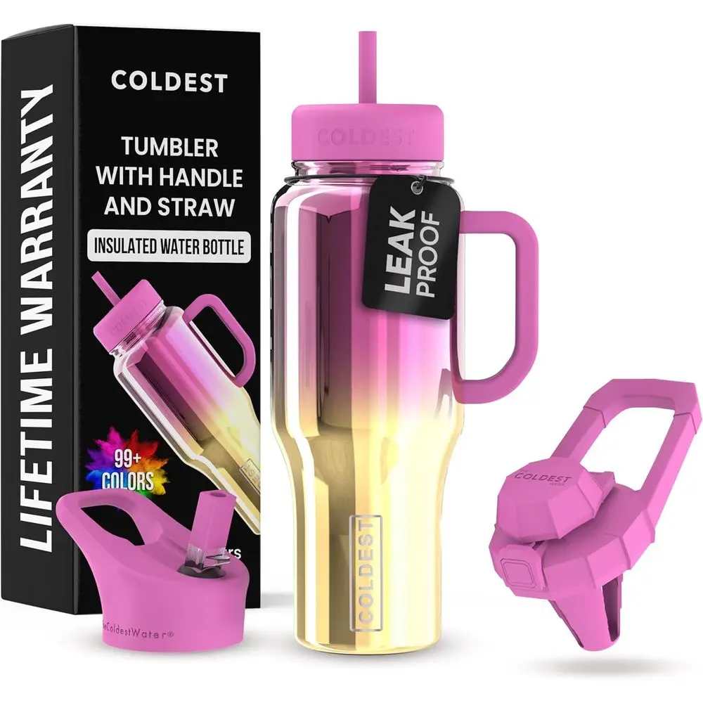 

Leakproof Insulated Stainless Steel Tumbler with Handle and Straw - 36 oz, Spill-Proof, 3 Lids Included