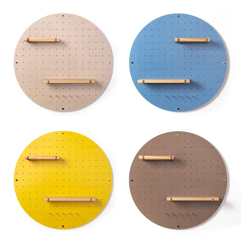 

Wooden round yellow hole board niche shelf round wall storage rack