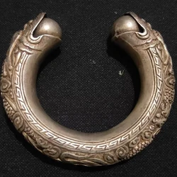 Exquisite Chinese handmade Miao silver carving dragon spit bead open bracelet Statue ethnic style hollow round men's and women's