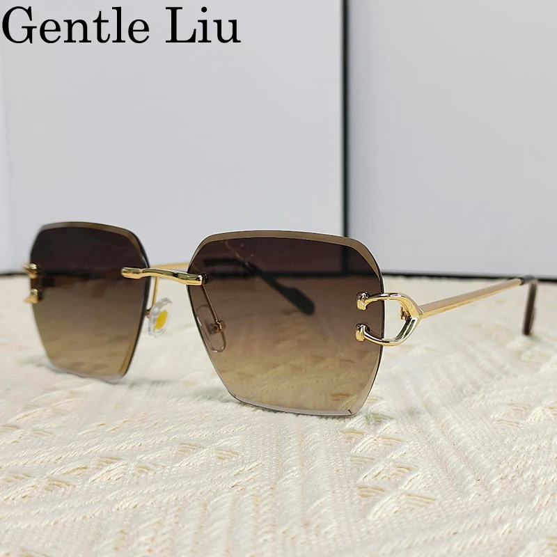 Übergroße quadratische randlose Sonnenbrille Frauen Männer 2024 Luxusmarke Vintage Metallrahmen rahmenlose Sonnenbrille für männliche Brillen Schatten