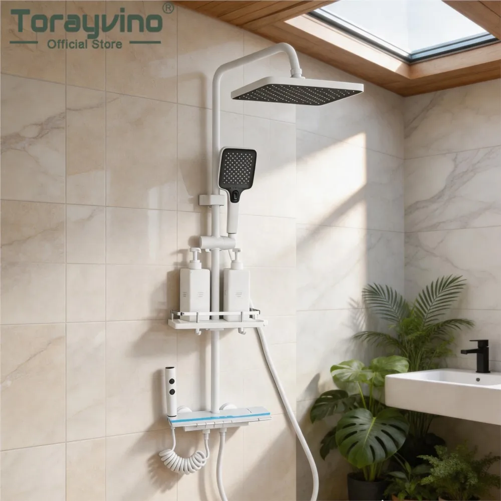 Torayvino Bathroom Shower Set 4 Function Rainfall Shower Head with Handheld Sprayer Storage Shelf Wall Mount Bath Showers System