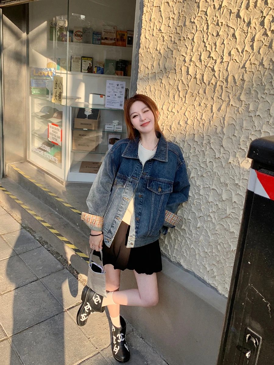 

YANUOYU Ретро джинсовая куртка женская, свободного кроя, с вставками, из смесового хлопка, теплая, для повседневной носки, весенний сезон, стандартный крой