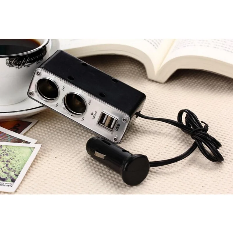 60W 2-Way Cigarette Lighter Splitter - 2 USB 12V/24V 61cm Cable LED Indicator Black Car Charger