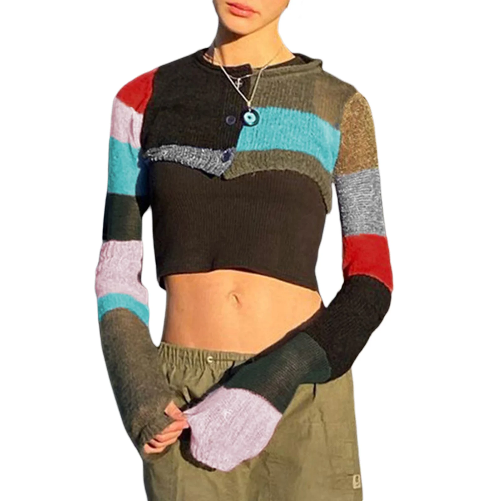 Women Y2K Crochet Knit Sweaters Crop Tops Color Block Patchwork Overall Colorful Rainbow Sweater Cardigan Shirt Streetwear