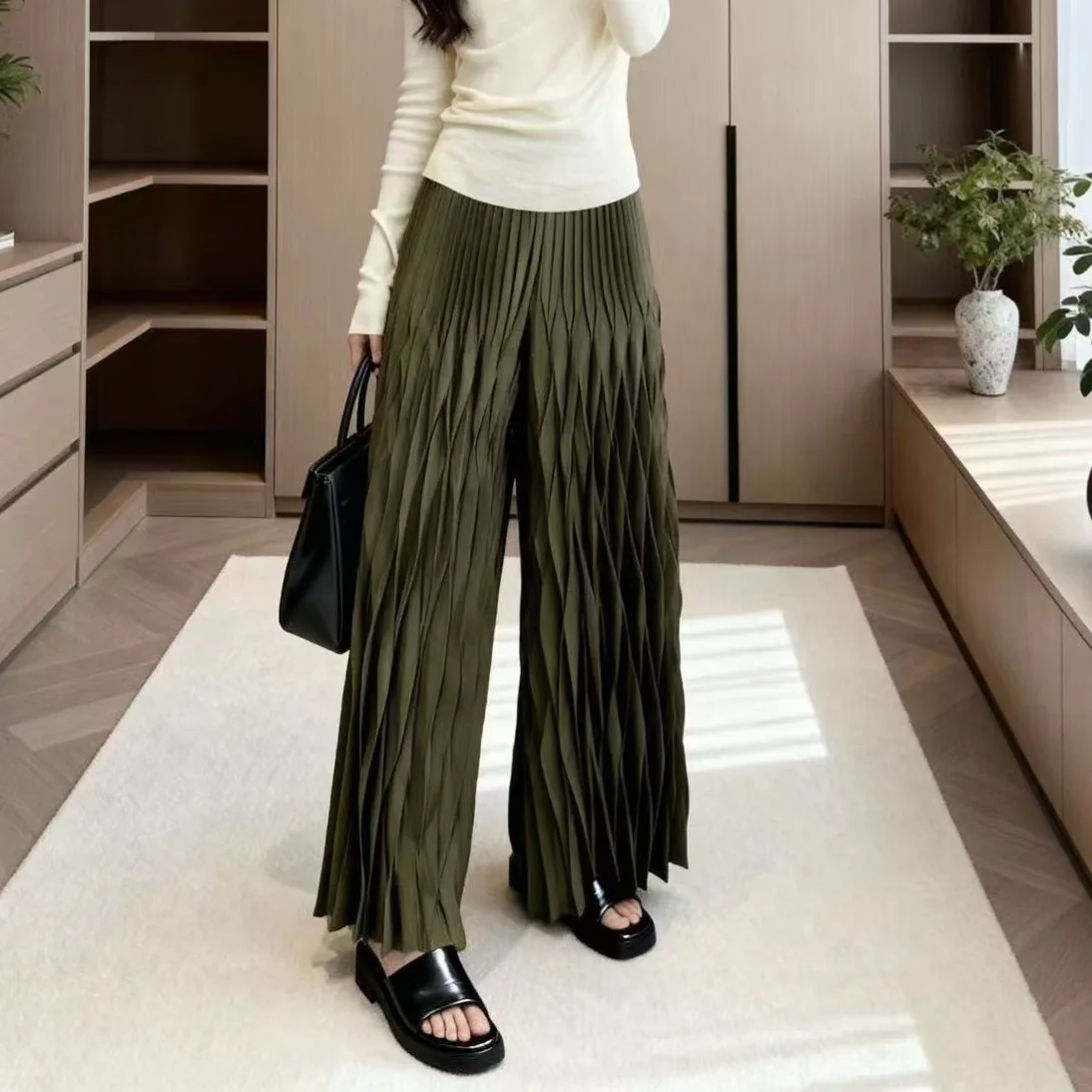 Miyake High-Quality Elastic High Waist Women's Pleated Wide Leg Pants Draped Loose Casual Straight Long Trousers Chic