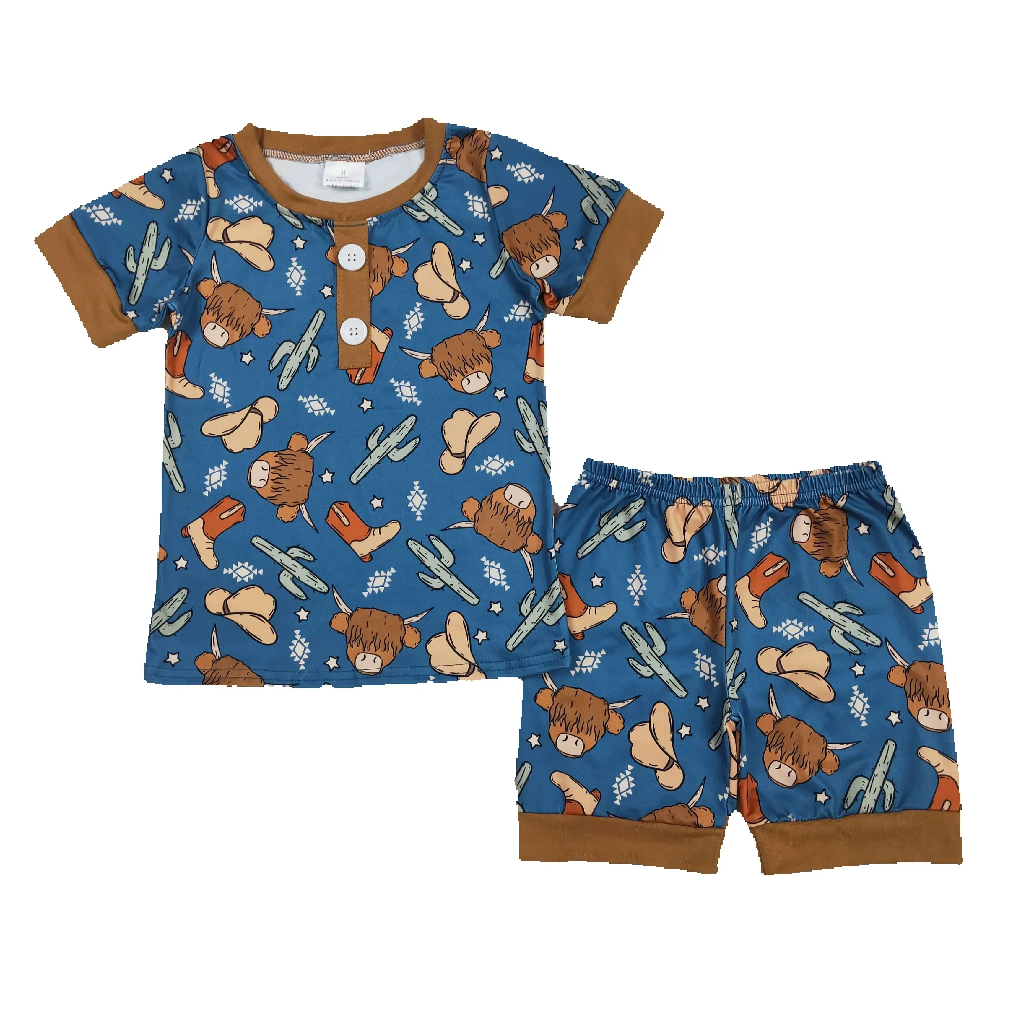 BSSO1232 Baby Boys Western Highland Cow Cactus Shirts Shorts Pajamas Clothes Sets