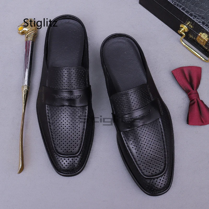 Breathable Leather Brogue Mules Slippers for Men Retro Style Closed Toe Hollow Half Slippers Elegant Slip On Casual Shoes