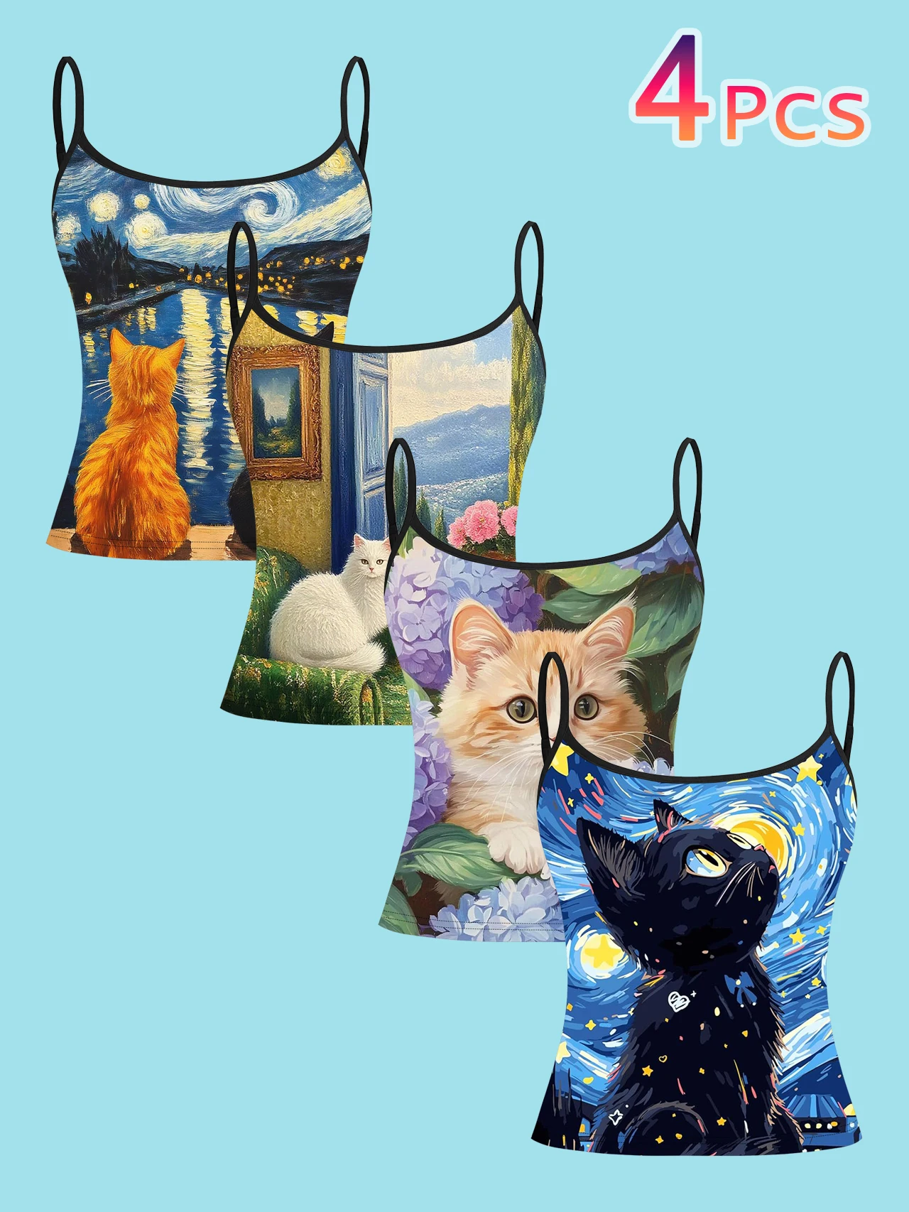 4-Piece Set of Women's Spaghetti Strap Camisoles with Van Gogh's Starry Night Cat Art Print, Slim-Fit Sleeveless Tops, Artistic Healing Style Outerwear and Inner Layering Shirts