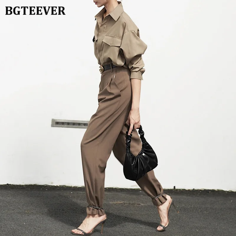 BGTEEVER Vintage Loose Single-breasted Female Shirts Spring Summer Lapel Full Sleeve Pockets Stylish Women Blouses Tops