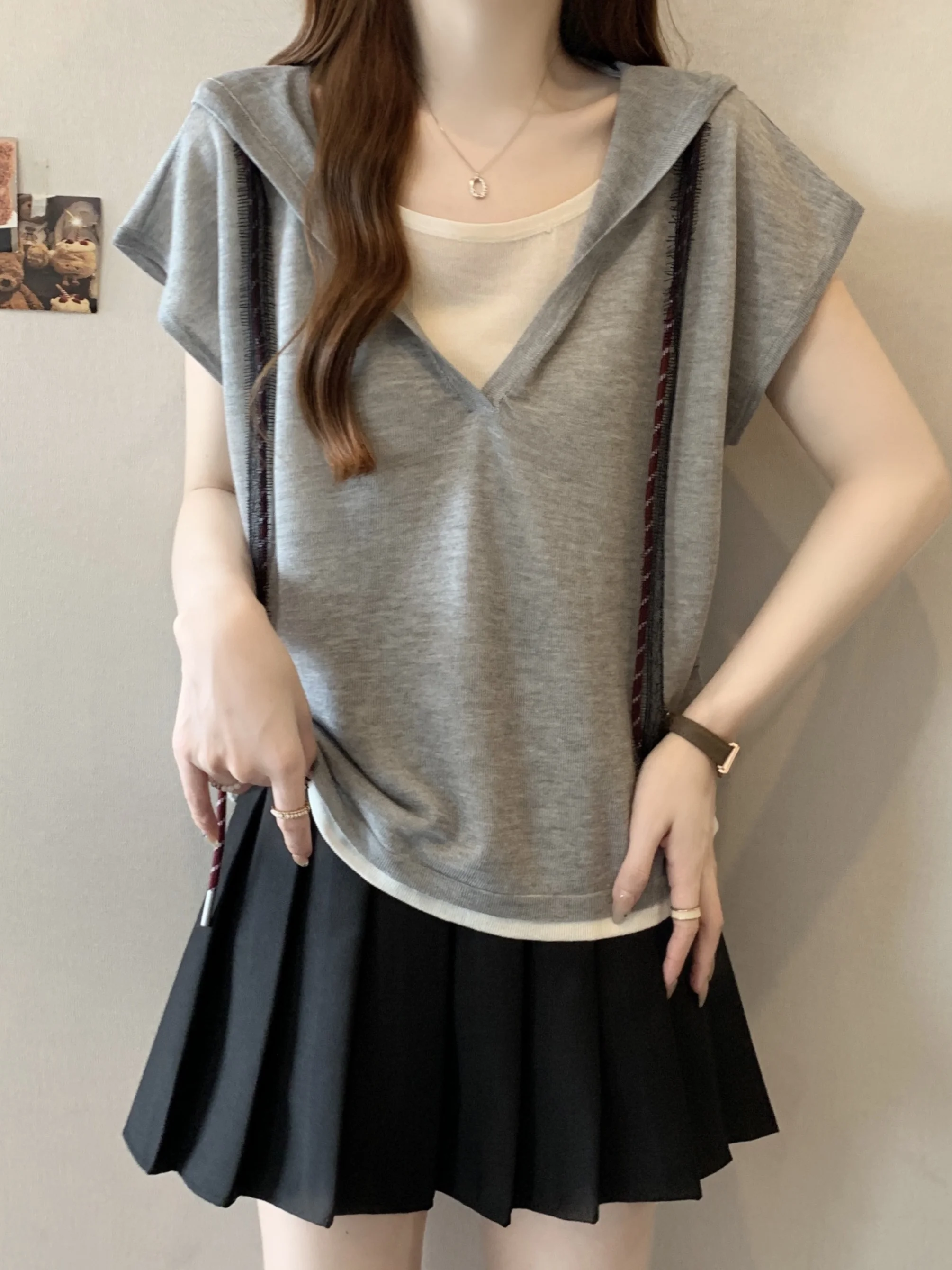 Casual Lazy Sle Dames T-shirt Zomer Plus Size Losse Veelzijdige Hoed Hoodie Jonge Faionable Grote Zus Afslanken Top