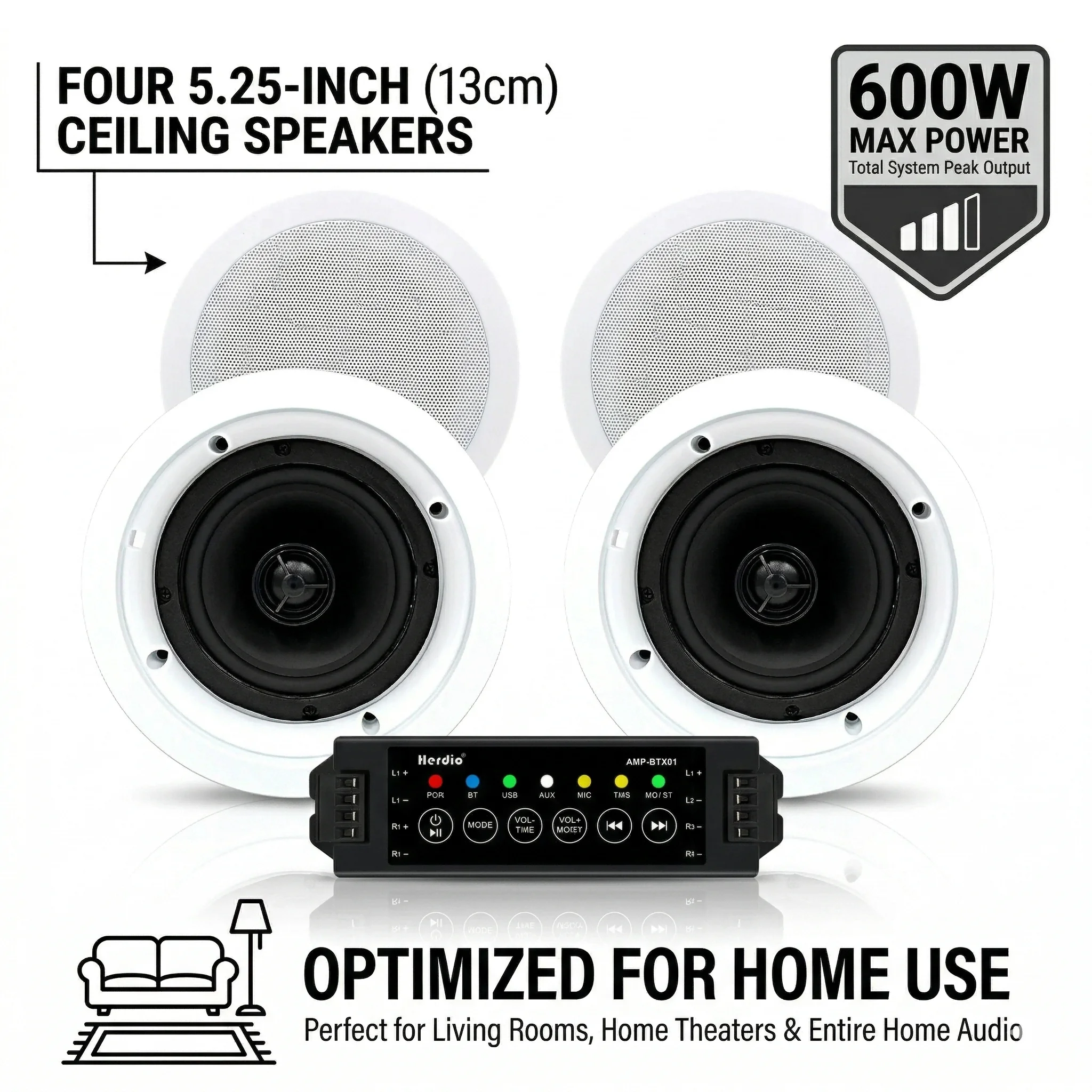 

Herdio 5.25 Inch Bluetooth Ceiling Speaker System Flush Mount 600W Set for Indoor Outdoor Home Theater Kitchen Bathroom