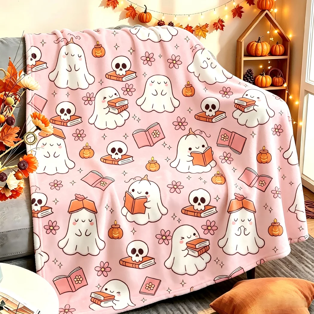 1pc Cute Ghost Reading Pink Blanket for Couch Soft Blanket Gifts Halloween X-mas Flannel Blankets Festival Gifts Four Season Use