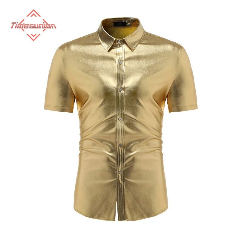 

Disco Shiny Metallic Gold Short Sleeves Shirts Brand New Dance Prom Party Costume Chemise Stage Singer Clothes Men