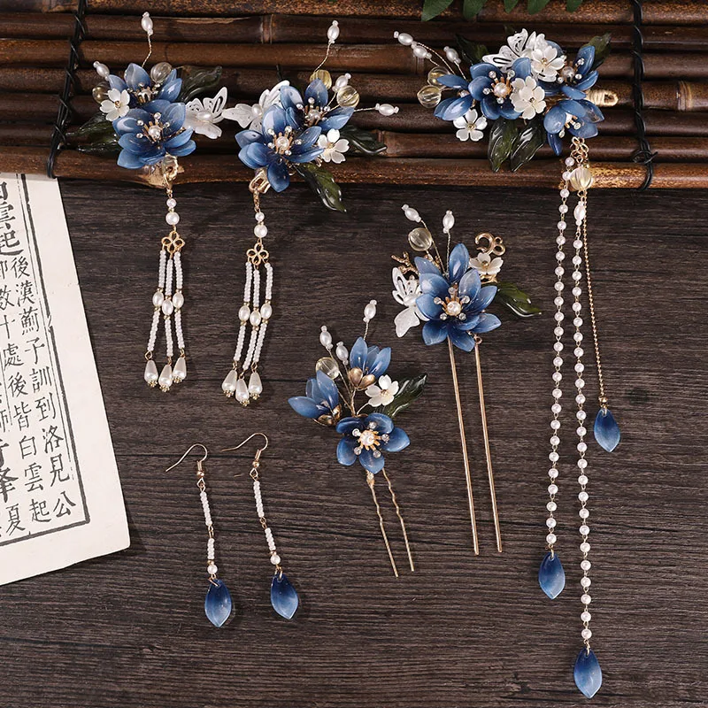 Luxury Hair Clip Blue Flower Hairpin Pearl Long Tassel Hair Stick Chopstick Chinese Hanfu Hair Accessories Vintage Jewelry Sets