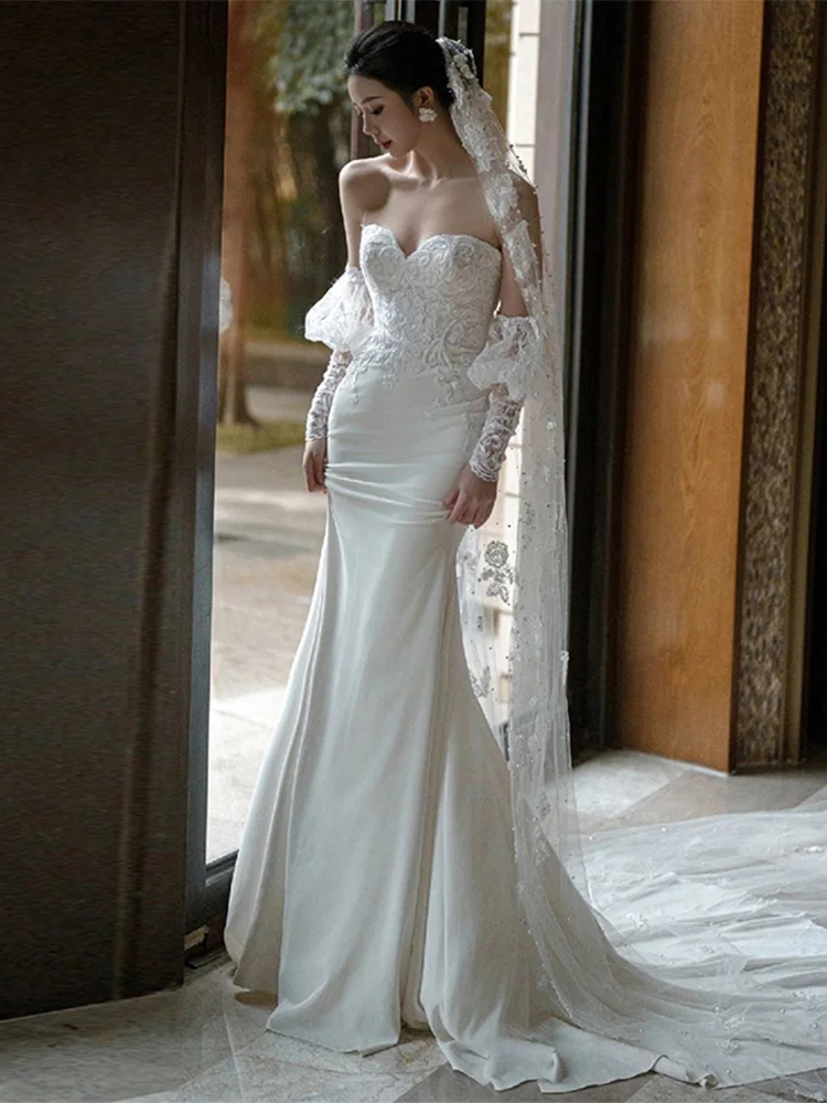 

Новое атласное свадебное платье-русалка 2024 года, винтажное, для фотосессий в путешествиях, высокого качества