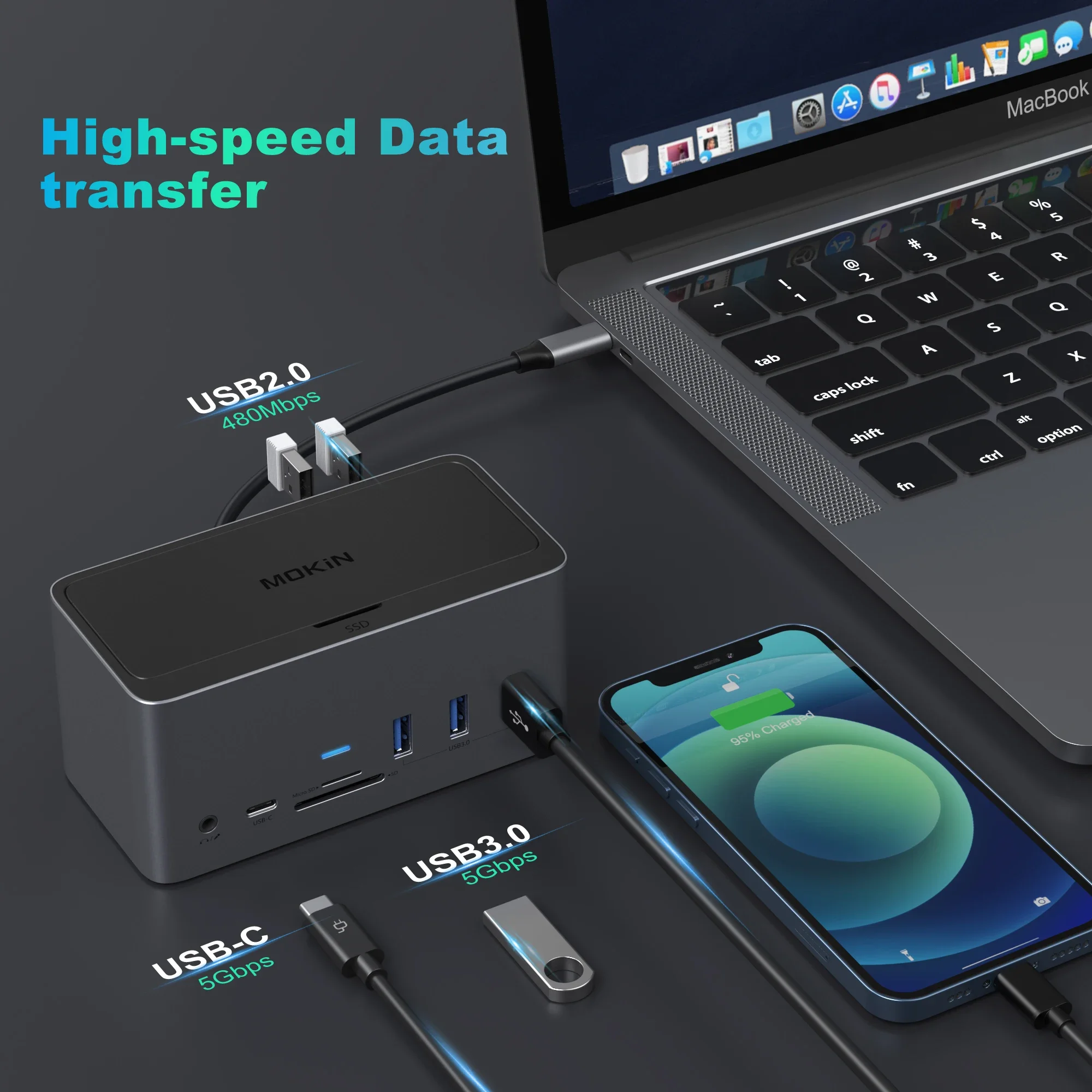 Imagem -02 - Mokn-docking Station para Laptop Hub Usb Usb 3.0 2.0 Vga Hdmi 4k60hz Rj45 sd tf Ssd M.2 Gabinete para Macbook Pro Air 18in 1