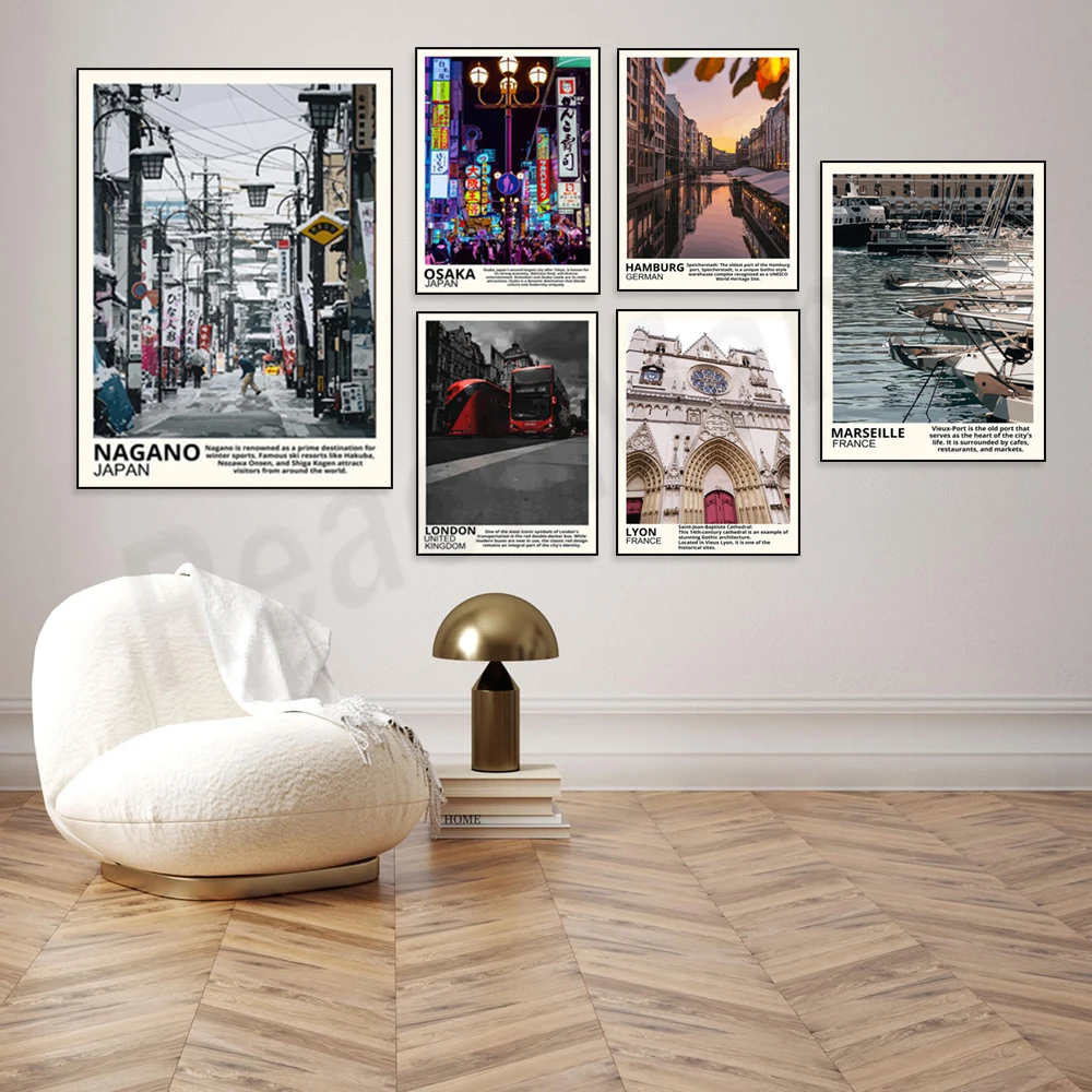 Travel posters for Kyoto, Nagano, Osaka, Nagoya, Houston, London, Chicago, Cologne, Hamburg, Paris, Marseille, Lyon in France