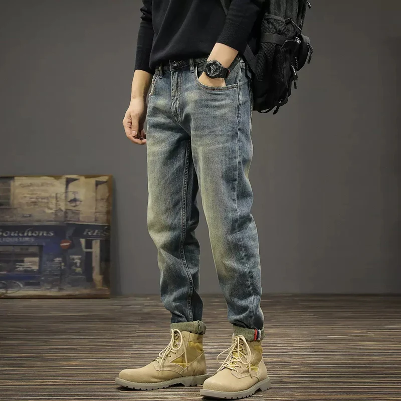 Newly Vintage Fashion Men Jeans High Quality Retro Blue Stretch Slim Fit Ripped Jeans Men Casual Designer Denim Pants Hombre
