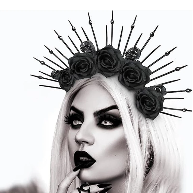 Gothic Black Halo Skeleton ดอกไม้ Sunburst Spike Headpiece สําหรับผู้หญิงฮาโลวีน Queen อุปกรณ์เสริมผมปาร์ตี้คอสเพลย์