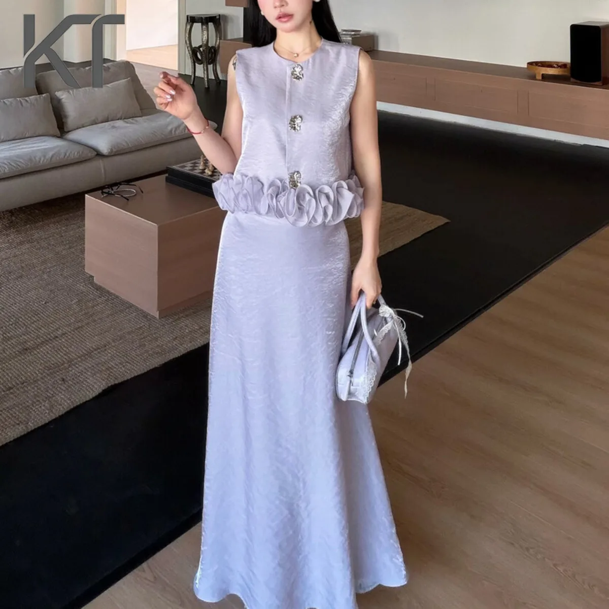 

KT Elegant Ruffle Waist Maxi Dress for Women Round Neck Sleeveless Crystal Button Detail Party & Formal Wear Dresses
