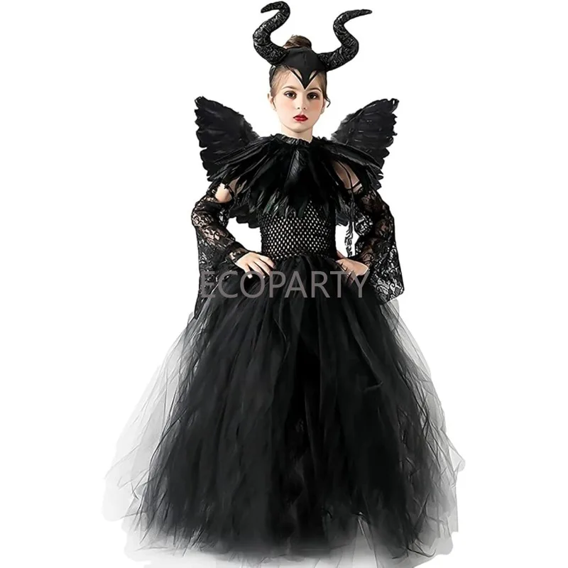 

Maleficent Costume Girls Evil Queen Dress with Horns Headdress Black Wing Cloak Shoulder Flaps for Halloween Cosplay Motto Party