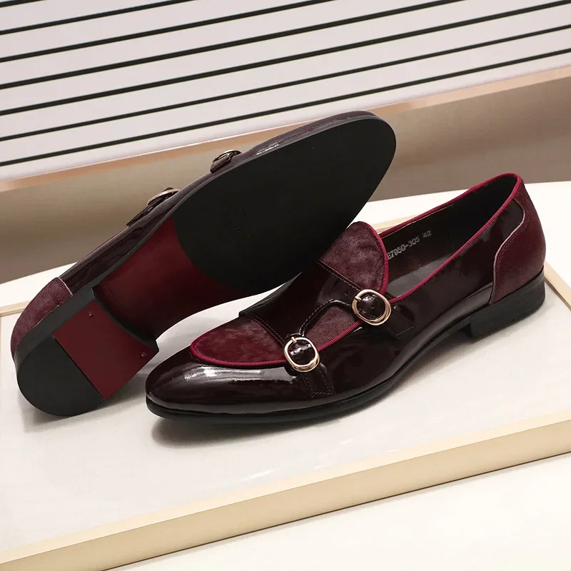 FELIX CHU Men\'s Patent Leather Monk Strap Dress Shoes Wedding Loafers Horse Hair Detail Casual Formal Party Gentlemen Footwear