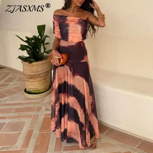 Vestido de banquete drapeado con estampado Sexy en el pecho, vestido largo elegante a la moda con hombros descubiertos, vestidos de mujer de malla sin espalda de verano