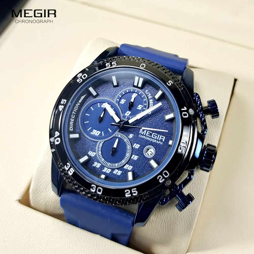 

MEGIR Watch Men Luxury Sport Chronograph Quartz Wristwatch with Luminous Hands 3atm Waterproof Auto Date Silicone Strap Blue