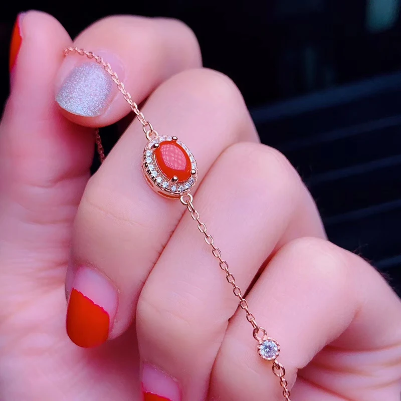 Jewelry Red Coral Bracelet for Daily Wear 5mm*7mm Natural Red Coral Silver Bracelet 925 Silver Coral Jewelry