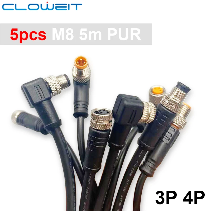 5pcs 5m PUR M8 3 4 Pins Male Female Plug Sensor Cable Work in Harsh Environment