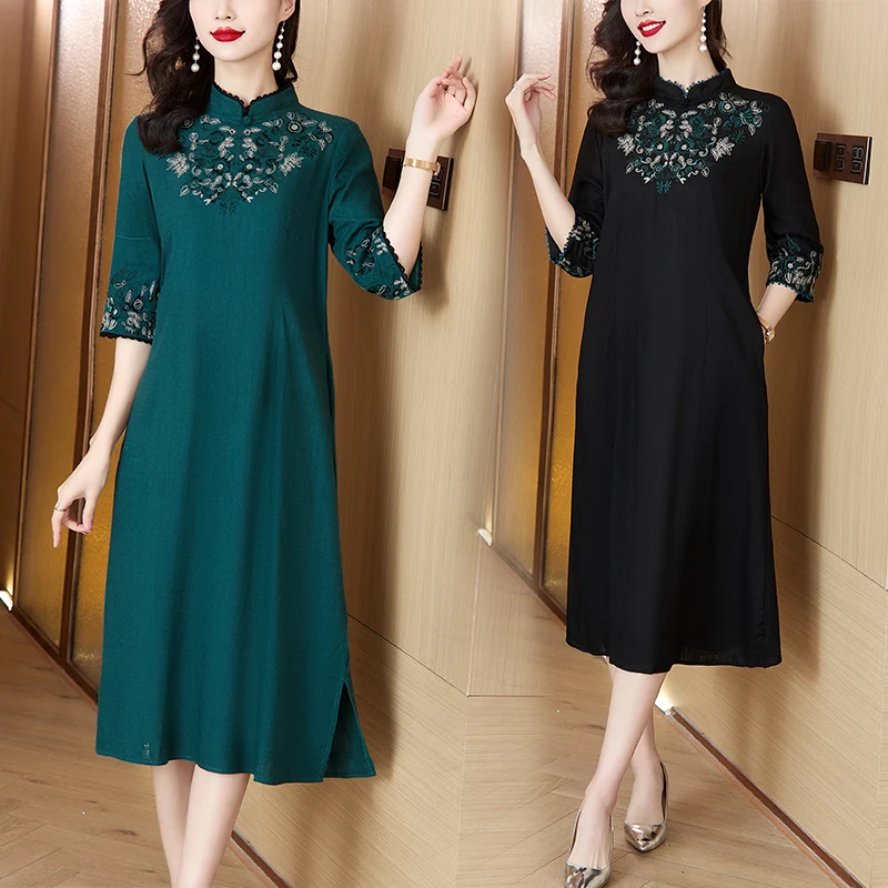 Spring 2024 New Women's Chinese Style Dress Large Loose and Tight Jacquard Embroidered Long Dress Elegant Party Dress Vestidos