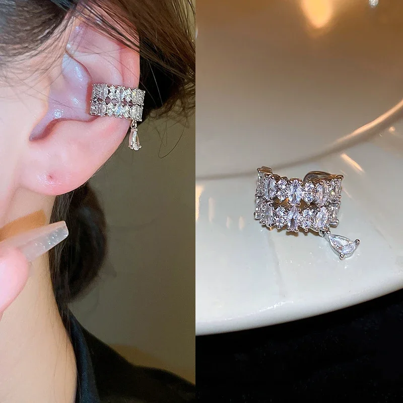 

Big Double Layer C-Shaped Crystal Zircon Cuff Earrings Rhinestone No Piercing Water Droplet Clip Earring Simple Luxury Ear Clip